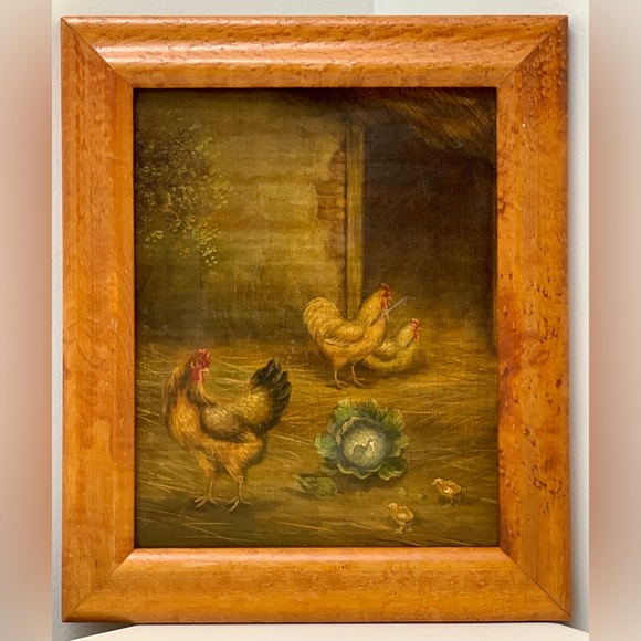 Vintage Birdseye Maple Framed Canvas Oil Painting Rooster Hen Chicks Farmhouse - Picture 2 of 16